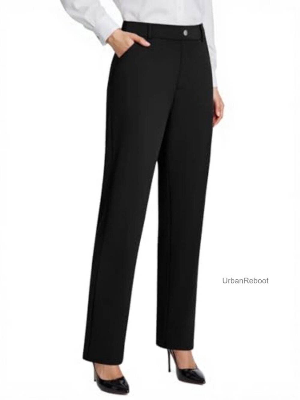 High Waisted Stretchy Straight Leg Work Pants with Pockets